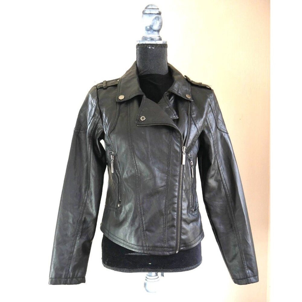 Black Vegan Leather Moto Jacket Dollhouse Outerwear Womens Size Medium
